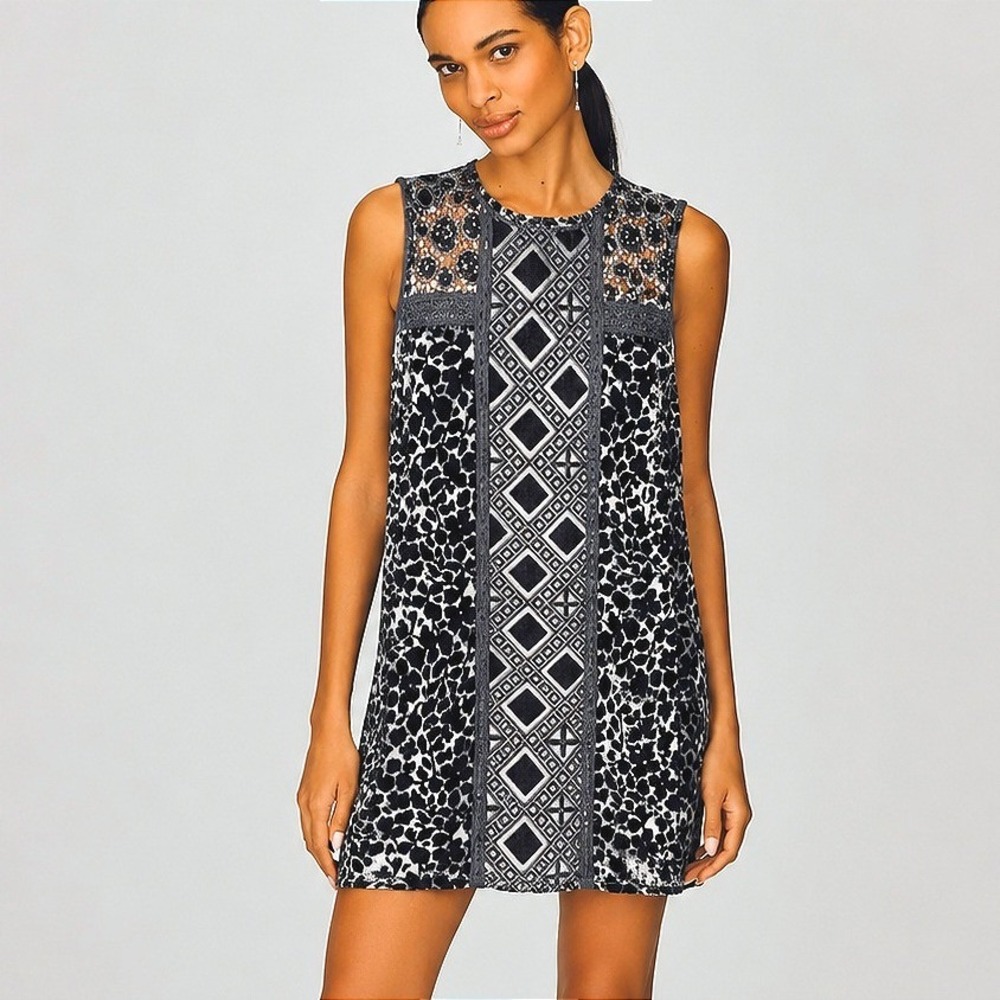 Lucky Brand Women XS Velvet Sequin Lace Shift Dress Navy Blue Cocktail Boho Chic